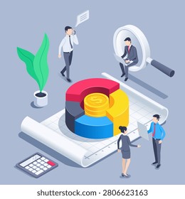 isometric vector illustration on a gray background, people in business clothes work near a pie chart standing on a sheet of paper, financial team and work with analytics