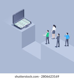 isometric vector illustration on a gray background, people in business clothes stand in front of a cliff behind which there is a suitcase with money, motivation or incentive for risky action