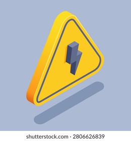 isometric vector illustration on gray background, high voltage icon, yellow triangle with lightning