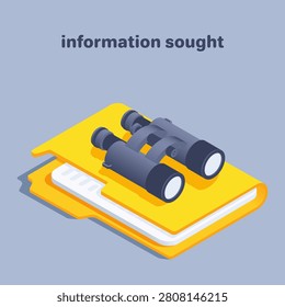 isometric vector illustration on a gray background, icon of a folder with a document and binoculars, information sought