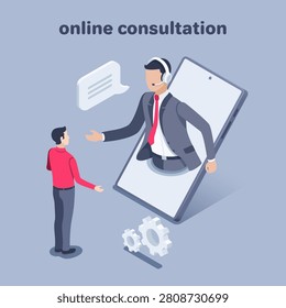 isometric vector illustration on a gray background, a man talking to a consultant via smartphone, online consultation