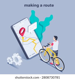 isometric vector illustration on a gray background, a guy with a bike stands in front of a smartphone screen and looks at the route laid out on the map, making a route