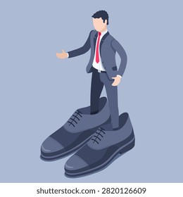 isometric vector illustration on a gray background, a man in a business suit stands shod in giant shoes, shoes are not in size or too small for big business