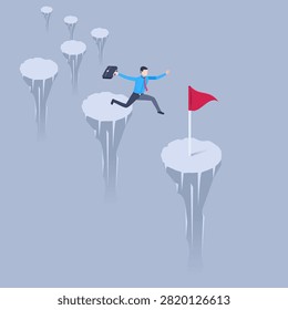 isometric vector illustration on a gray background, a man in business clothes with a briefcase jumps over a cliff to a place marked with a flag, reaching the goal