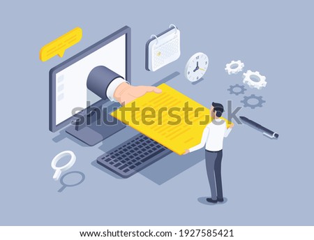 isometric vector illustration on a gray background, a man passes a resume through a computer, a hand with a document, a resume submission 商業照片 © 