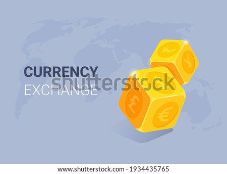 isometric vector illustration on gray background, lendin currency exchange, gold dice with foreign currency icons and world map