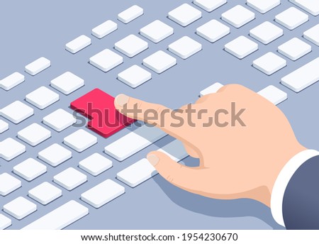 isometric vector illustration on a gray background, the hand of a man in a business suit presses a red button on the keyboard, start a process or perform an action