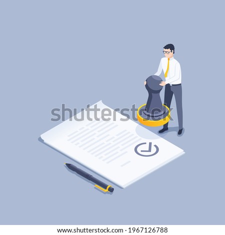 isometric vector illustration on gray background, document approval, man in business clothes with a stamp in his hands near a paper document and a pen