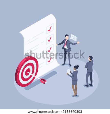 isometric vector illustration on a gray background, people in business suits near a paper sheet with marked points of the plan and a target with an arrow, the successful implementation of the plan 商業照片 © 