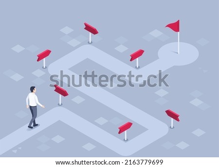 isometric vector illustration on a gray background, a man in business clothes walks along a winding path with pointers leading to a flag, a road or route to success