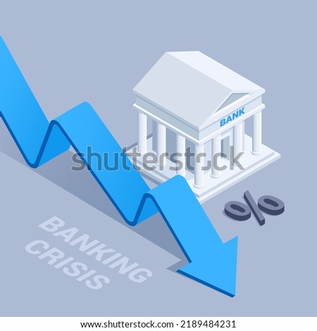 isometric vector illustration on gray background, banking crisis, falling blue arrow and bank icon near lying percent icon