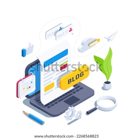 isometric vector illustration on a gray background, laptop with typed text and a blog button, like and text message icons, blogging on the internet