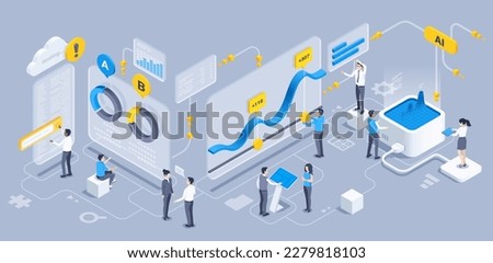isometric vector illustration on a gray background, people in business clothes are working in front of a huge screen with data that is entered on the server, data center