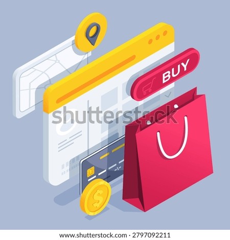 isometric vector illustration
  on a gray background, a big red shopping bag and a credit card with a coin, online shopping