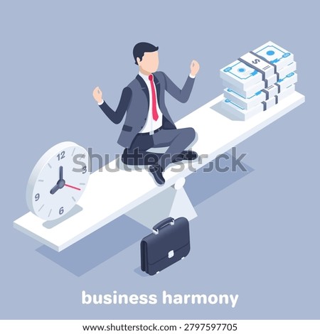 isometric vector illustration on gray background, man in business suit meditates on the balance between watch and money, business harmony
