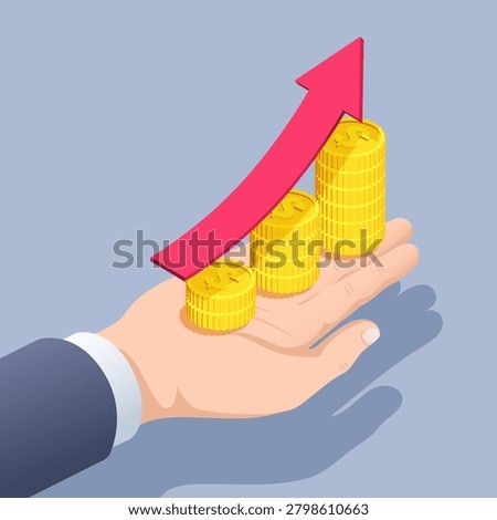 isometric vector illustration on gray background, the hand of a man in a business suit holds a chart of gold coins with a red arrow, increasing income and profits