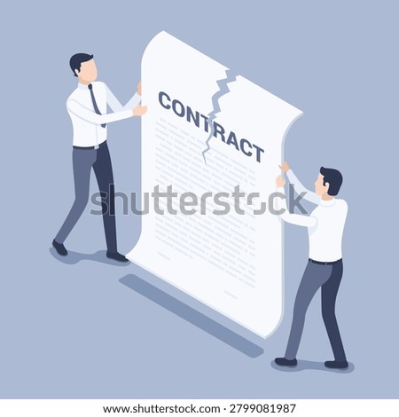 isometric vector illustration on gray background, two men in business clothes are tearing a sheet of paper with a contract, breaking a contract