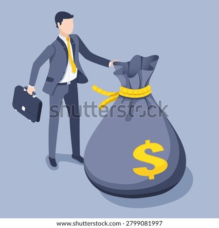 isometric vector illustration on a gray background, a man in a business suit with a briefcase stands next to a bag of money, investment and loan