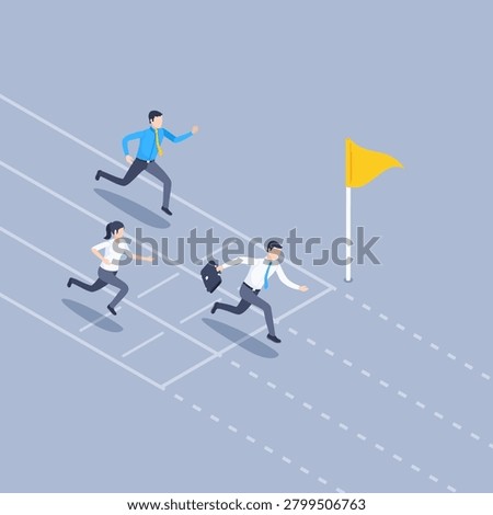 isometric vector illustration on gray background, men and woman in business clothes run to the finish line, become the first and success in business
