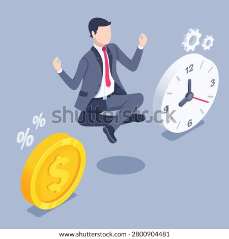 isometric vector illustration on gray background, man in business suit meditates between gold coin with dollar icon and clock, find balance and harmony