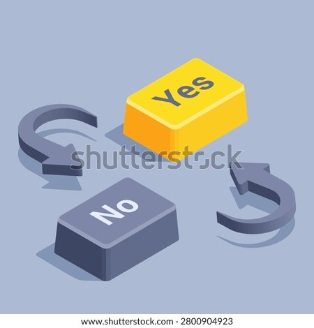 isometric vector illustration on gray background, yellow yes button near black no button and arrows connecting them, make a choice or doubt