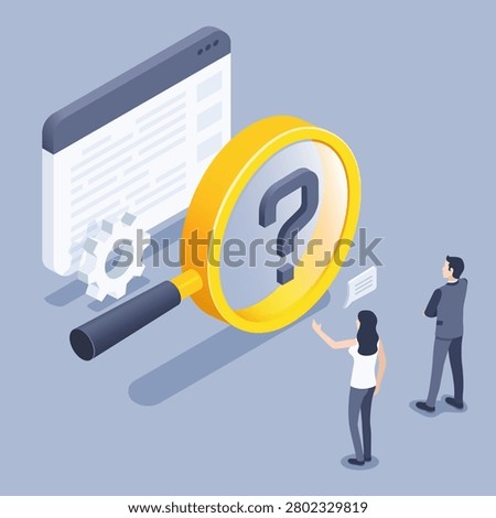 isometric vector illustration on a gray background, a question mark in a magnifying glass and people in business suits look at the browser window and discuss working moments
