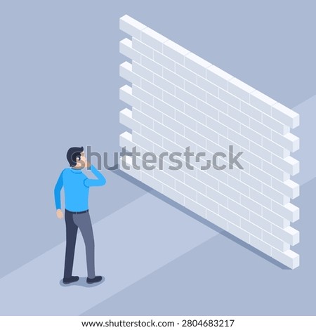 isometric vector illustration on a gray background, a man in business clothes stands in the way blocked by a brick wall, problems and obstacles on the way to success