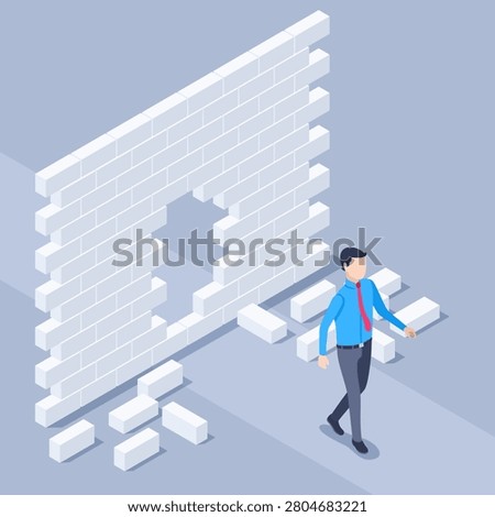 isometric vector illustration on a gray background, a man in business clothes goes through an obstacle with a brick wall, overcoming a problem and obstacles on the way to success