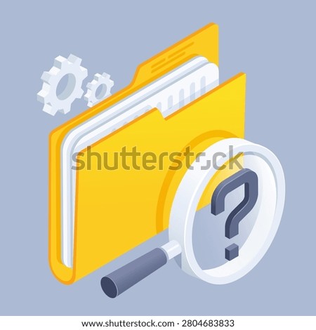 isometric vector illustration on a gray background, yellow folder with documents and a magnifying glass with a question mark, documentation search