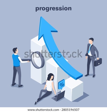 isometric vector illustration on a gray background, people near a chart with an upward growing arrow, positive financial progression