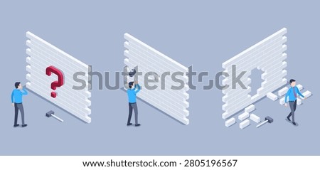isometric vector illustration on a gray background, a man in business clothes breaks through a brick wall with a hammer and overcomes an obstacle