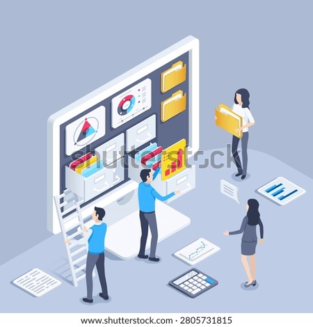 isometric vector illustration on a gray background, people work with data on a computer screen, work with archive