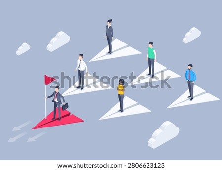 isometric vector illustration on a gray background, a man in a business suit with a flag flies on a main plane and his colleagues fly behind him, a leader in a business team