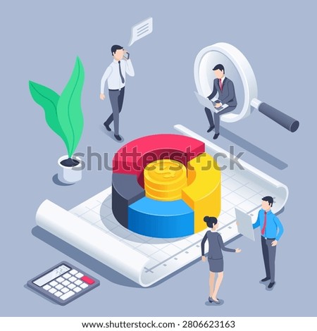 isometric vector illustration on a gray background, people in business clothes work near a pie chart standing on a sheet of paper, financial team and work with analytics