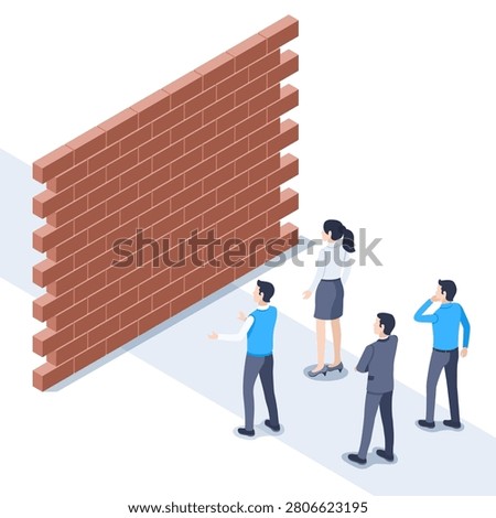 isometric vector illustration on a gray background, men and women in business clothes stands in the way blocked by brick wall, problems and obstacles on the way