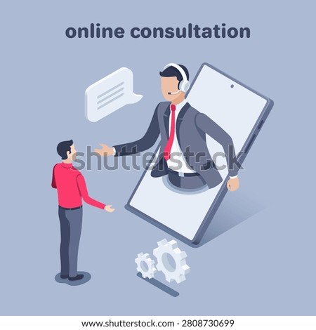 isometric vector illustration on a gray background, a man talking to a consultant via smartphone, online consultation