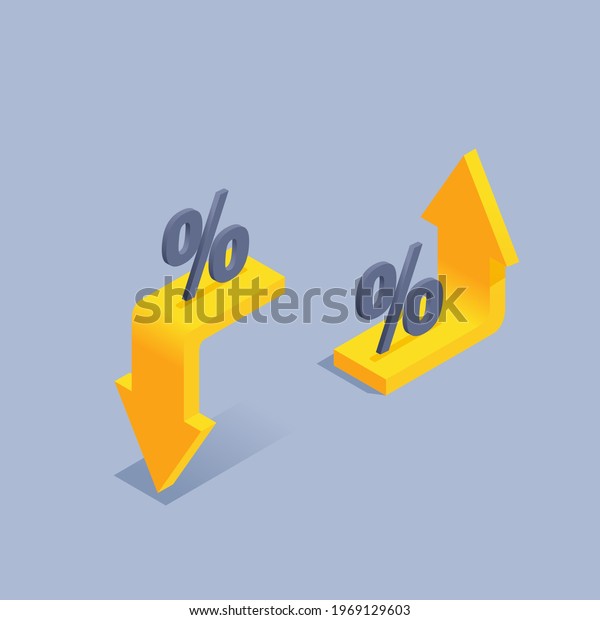 isometric vector illustration on gray background,\
decrease and increase interest, yellow up and down arrows with\
percentage icon
