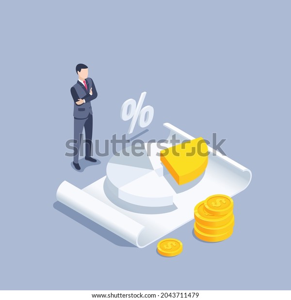 isometric vector illustration on a gray\
background, a man in a business suit stands near a sheet of paper\
with a pie chart, share in the\
business
