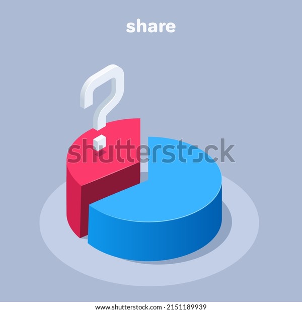 isometric vector illustration on a\
gray background, a circular chart divided into two parts in red and\
blue and a question mark, a share in finance or\
business