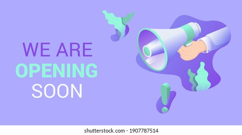 isometric vector illustration on purple background, loudspeaker in hand and text, ad or promotion