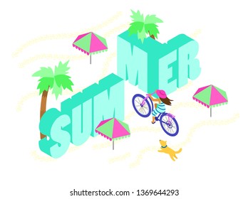 Isometric vector illustration on summer theme. Girl riding fat bike through word summer. Isometric lettering. Summer poster.