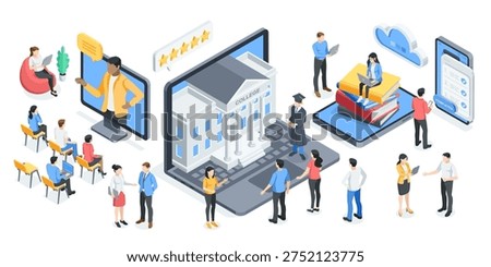 isometric vector illustration on the topic of online education, in color on a white background, with students attending online lectures and applicants, as well as teachers on  computer screen and cloud library