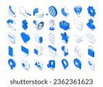 isometric vector illustration on a white background, social media and business icons, a set of objects on the theme of marketing