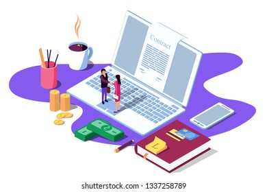 Isometric Vector illustration on white background. Concept for strategic partnership, crowdfunding, business success. Financing of creative projects. woman and man business handshake 
