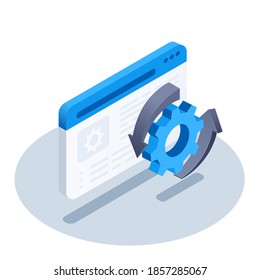 Isometric Vector Illustration On White Background, Icon In The Form Of Program Window And Gear With Arrows, Application Settings