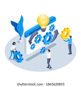 isometric vector illustration on a white background, people with gears next to the program window and a large luminous light bulb, well-coordinated mechanism
