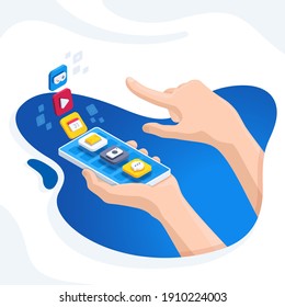 isometric vector illustration on a white background, a hand holds a smartphone and the other leafs through applications on the screen