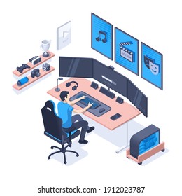 isometric vector illustration on a white background, a man sits at a desk and works at a computer, video blogger's workplace