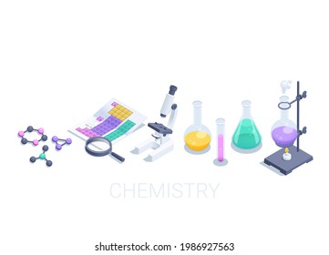 isometrische Vektorgrafik auf weißem Hintergrund, eine Reihe von Symbolen zum Thema Chemie, Flaschen und ein Mikroskop neben Molekülen und einem Periodensystem, die die Chemie untersuchen