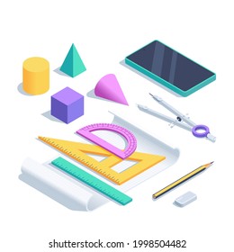 isometric vector illustration on a white background, a set of elements for the topic of studying geometry and drawing, exact sciences
